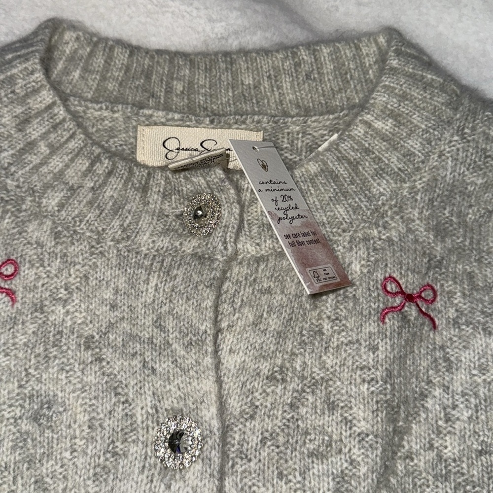 Jessica Simpson gray pink bow bling crystal button cardigan sweater 🎀🎀🎀 💎💎 - Picture 6 of 11